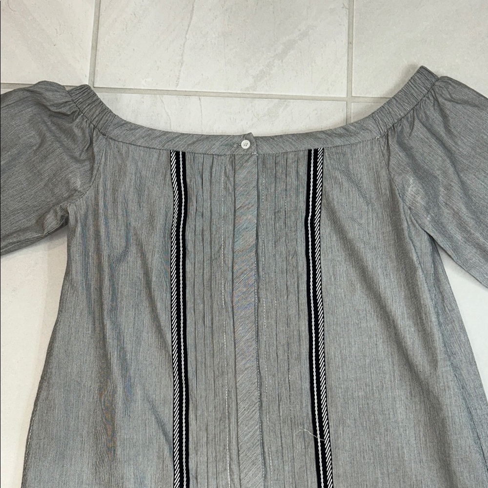 Greylin Charcoal Off-Shoulder Dress with Black Stripes